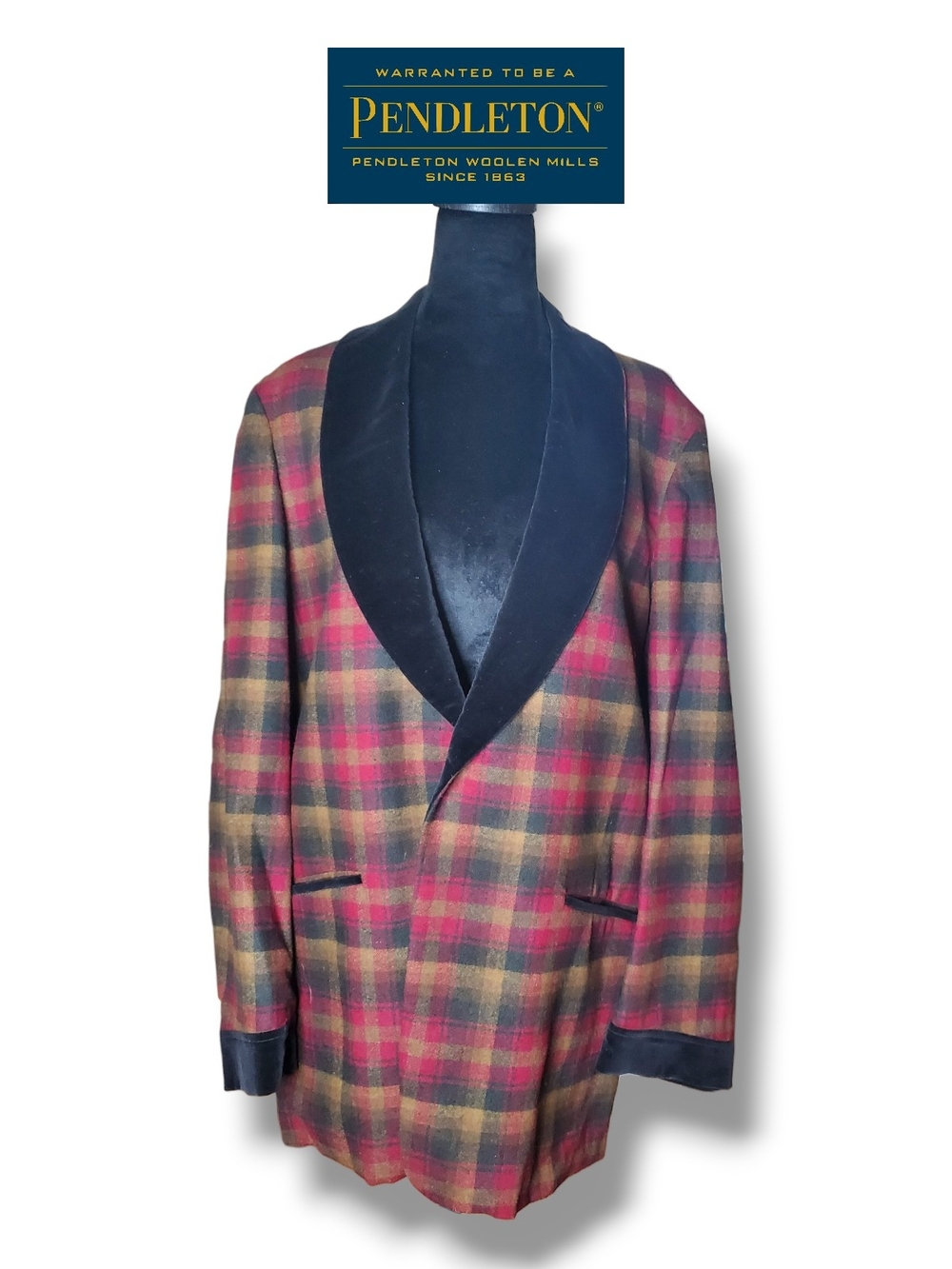 Vintage 50s 60s Pendleton Wool Smoking Jacket Velvet Shawl Collar Blazer M